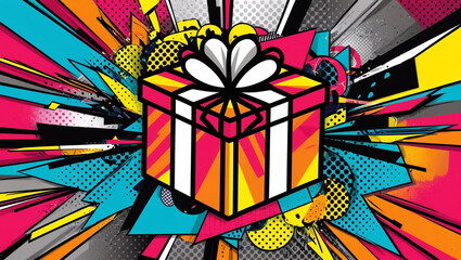 Fototapeta premium A vibrant, high-energy graphic design piece in a bold pop art style, set against a bright, bold background with Ben-Day dots and abstract shapes