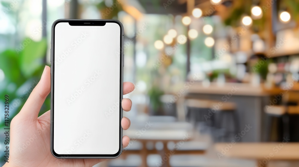 Poster hand holding a smartphone with a blank white screen providing copy space for design in a blurred caf