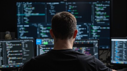 Mysterious man gazes at glowing monitors in dark room