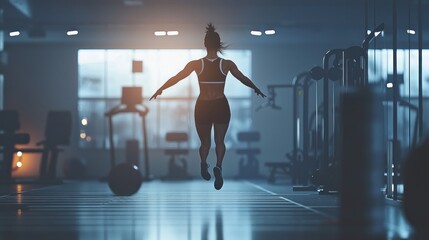 Fototapeta premium Fitness Jump: Woman Leaps in Modern Gym