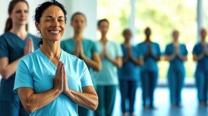 A smiling woman in medical scrubs leads a group of healthcare workers practicing mindfulness in a bright, serene environment.