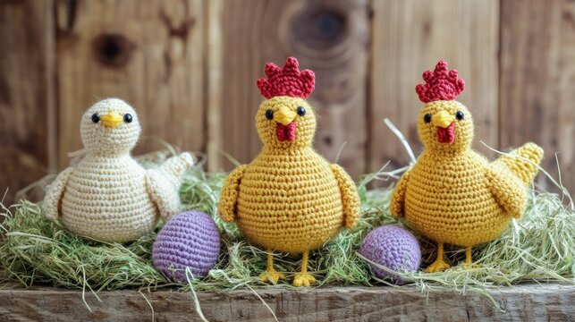 Three crocheted Easter chickens and straw hen,white wooden backg