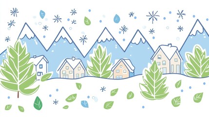 Snowy mountain village winter scene illustration