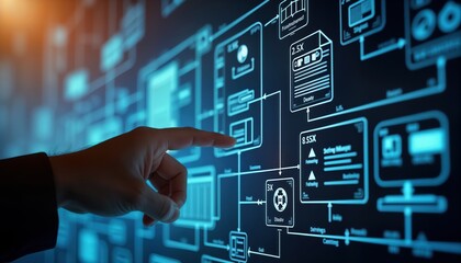 Hand points to flowchart illustrating database screen navigation. User journey through system interface displayed. Diagram shows steps, actions for accessing data. Tech design process visualized