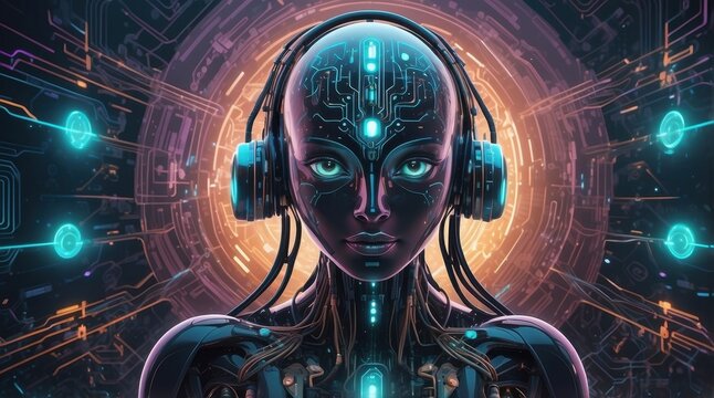 Head, image of artificial intelligence in a human body, woman