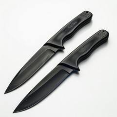 Two black fixed blade knives with textured black handles, displayed against a white background.