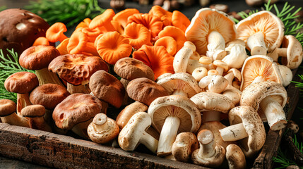 Fototapeta premium Variety of mushrooms are displayed on a wooden tray