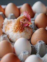 Closeup of Easter chicken in broken eggshell and fresh eggs lying in carton package, Easter eggs in egg box