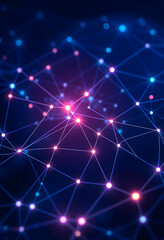 Fototapeta premium Futuristic network topology with a deep blue background and glowing connections depicting data paths, dramatic, with white tones