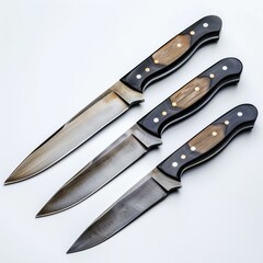 Fototapeta premium Three handcrafted knives with wooden and black handles, showcasing their rugged and unique design.