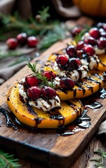 Roasted squash slices topped with creamy goat cheese, garnished with vibrant poached cranberries, and drizzled with balsamic glaze on a rustic wooden board