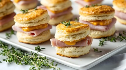 Mini ham biscuit sandwiches filled with savory ham and a tangy apricot mustard, elegantly presented on a sleek white platter with fresh herbs