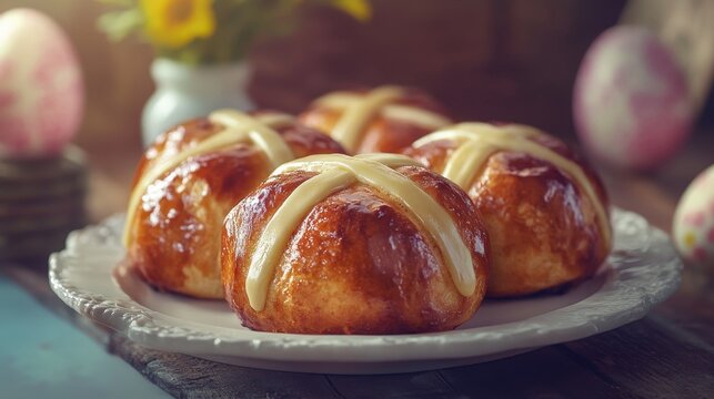 Easter hot cross buns and holiday decor.Traditional English Easter buns. - Powered by Adobe