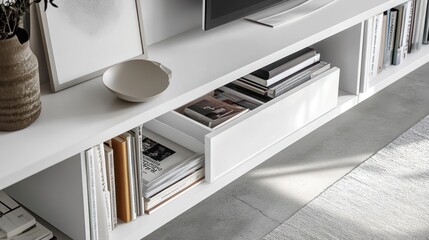 White modern media console with open shelving, books, and a drawer.