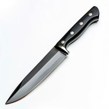 A sleek, modern chef's knife with a black handle and a sharp, stainless steel blade.