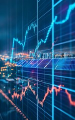 A concept image of a stock market board filled with solar energy investment trends, set against a backdrop of solar farms and ecofriendly infrastructure