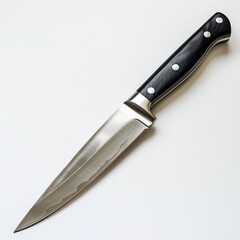 A sharp chef's knife with a black handle rests on a white background.
