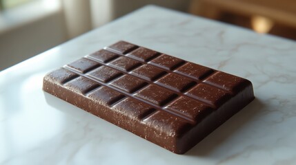 Close-up of a dark chocolate bar on a marble surface.