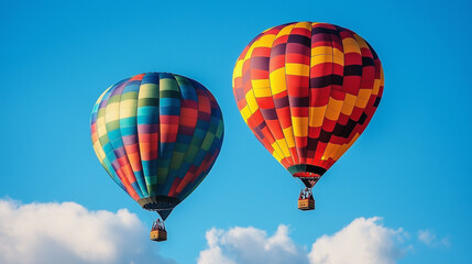 Naklejka premium Hot air balloons in colorful patterns flying against clear blue sky