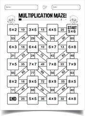 Multiplication maze puzzle worksheet for children