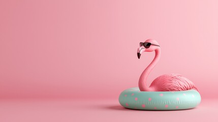 Fototapeta premium Pink Flamingo in Pool Float Minimalist Summer Concept, 3D Render, Pastel Colors Summer, Flamingo