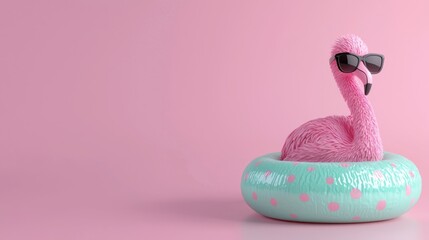 Fototapeta premium Pink Flamingo in Pool Float 3D Render, Pastel Colors, Summer Fun, Minimalist Background. Flamingo, Summer