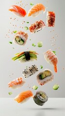 Isolated sushi set in layers, floating ingredients captured with rimlight effect on white.