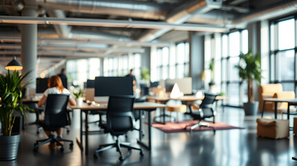 Fototapeta premium Modern industrial office interior, blurred open workspace, professional corporate environment