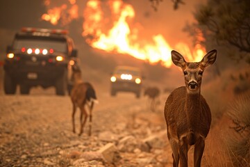 Deer roam cautiously near a road as flames engulf the landscape behind them. The scene captures the tension between nature and the threat of wildfire, showcasing the urgency of the situation