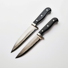 Obraz premium Two sharp kitchen knives with black handles are placed on a white background.