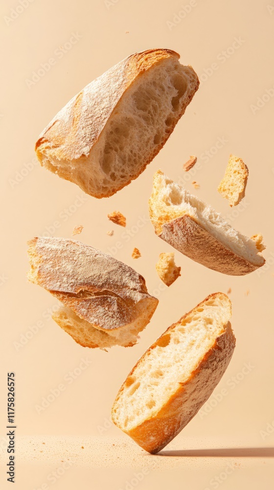 Leinwandbilder Four slices of bread of different sizes are levitating and rotating on a beige background, with some crumbs falling down, creating a dynamic and appetizing scene