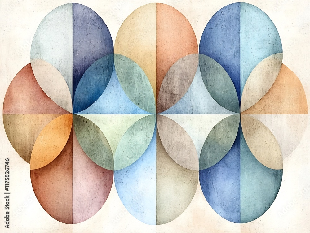 Poster calming abstract pattern of interconnected rounded shapes in a muted color scheme of soothing earth 