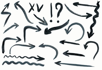 Hand drawn arrows, grunge dry brush strokes, vector, watercolour, isolated on white background.