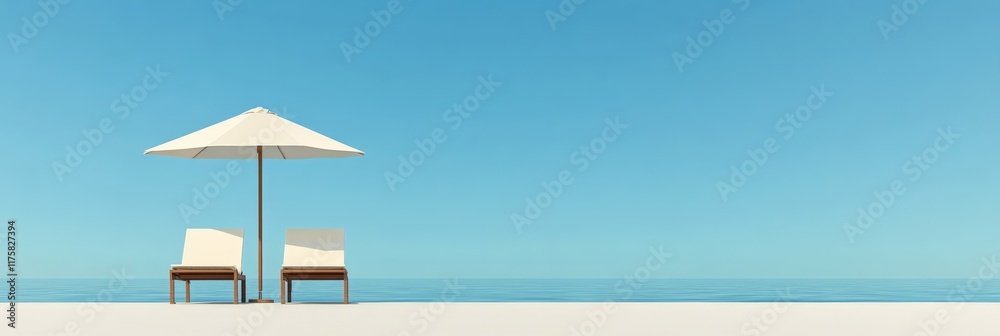 Poster two empty sunbeds and a parasol stand on a pristine sandy beach, overlooking a calm ocean under a cl