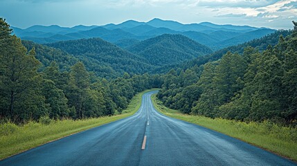 Naklejka premium A winding road through lush green mountains under a cloudy sky.