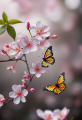 Obraz premium Flowering branches and petals on a blurred background and butterfly, clipart style, with white tones