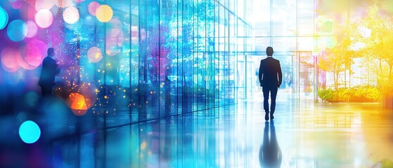 Obraz premium Elegantly dressed businessman walks towards bright modern lobby with colorful bokeh lights and reflections