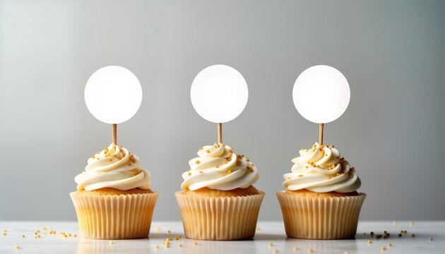 Three vanilla cupcakes stand on light surface. Cupcake blank round topper. Creamy vanilla frosting, gold sprinkles decorate. Elegant presentation for design inspiration customizable toppers. Perfect