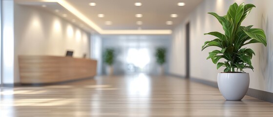 Fototapeta premium Modern office interior with wooden reception desk, sleek flooring, indoor plant and bright ambient lighting