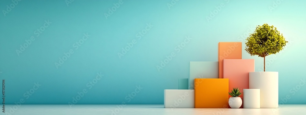 Poster a digital rendering of a modern minimalist architectural composition featuring various geometric sha