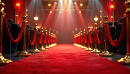 Red carpet stretches through theatre hall for movie premiere. Golden poles with red ropes create pathway. Lights highlight glamour, elegance. Event anticipated by guests. Celebration of cinema