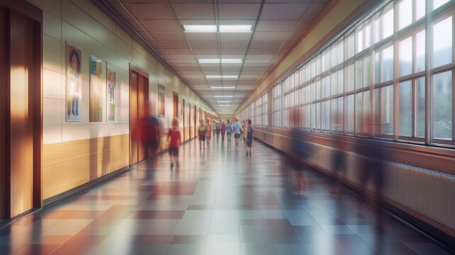 Floor eye view of a school corridor, full of blurred children