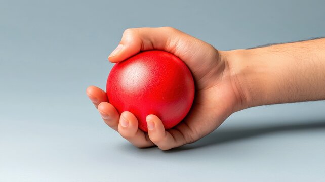 A hand holds a red stress ball against a soft gray background, suggesting relaxation and stress relief.