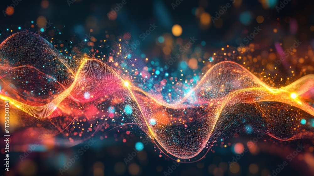 Poster abstract colorful light waves with sparkles and glowing particles creating a dynamic visual effect f