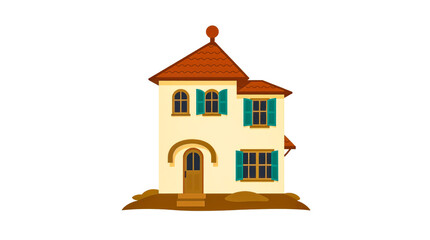 A logo depicting a whimsical, pastel-toned two-story house in earth tones. Geometric shapes and clean lines create a balanced, symmetrical design. The house features a terracotta roof, cream walls,png