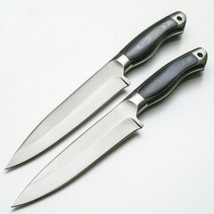 Obraz premium Two sleek chef's knives with dark gray handles, sharp blades, and stainless steel.