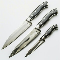 Obraz premium Three sleek kitchen knives with dark gray handles, arranged in descending size order on a white background.