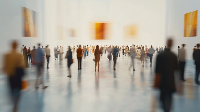 Blurred figures at a trade show in an exhibition hall Concept for international events and marketing