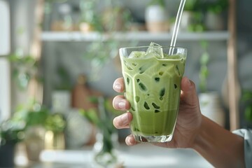 A hand holds a tall glass filled with a green drink and ice, set against a backdrop of lush plants and a bright, inviting space. The vibrant beverage showcases a refreshing look