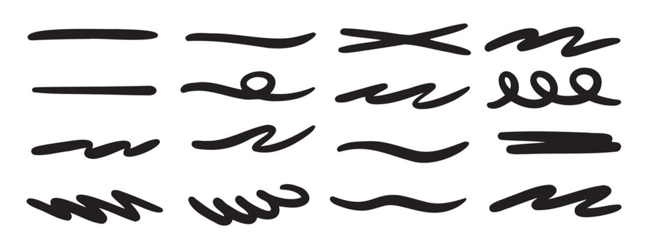 brush scribble underline. Marker pen line highlight swoosh stroke. Vector underline set